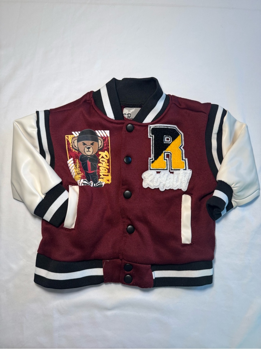CP Dry Goods Maroon and White Kids Letterman Jacket with Patches